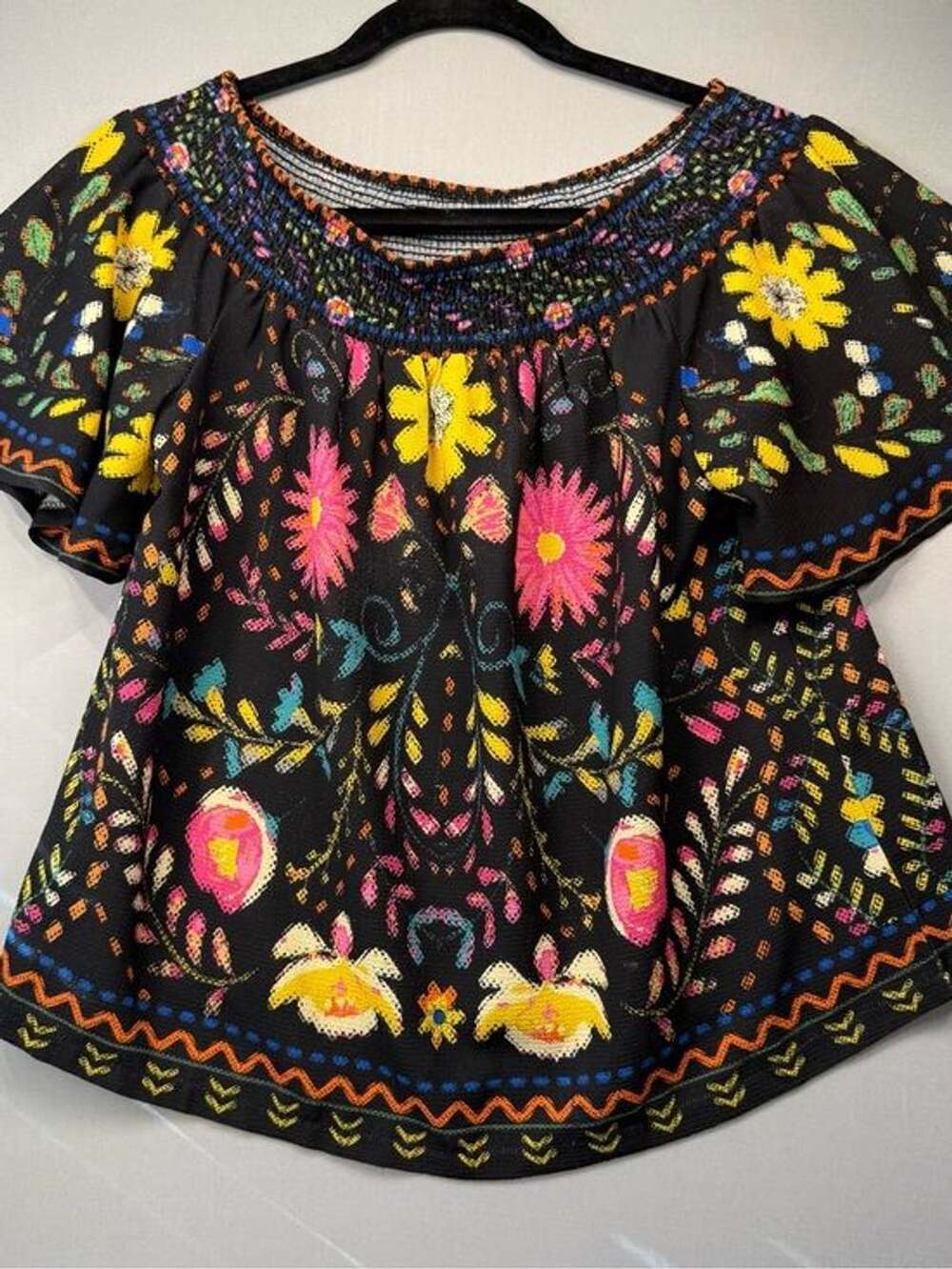 Flying Tomato Black Embroidered Floral Peasant Top Cottagecore